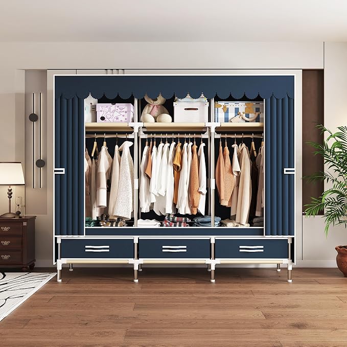 Heavy Duty Wardrobe Portable Closet Organizer Metal Clothing Rack for Hanging Clothes with Drawer Easy to Assemble Stronger Load-Bearing Detachable Design (Style 12)