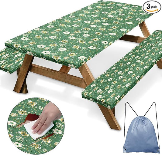 Picnic Table Cover with Bench Covers Elastic Edges, Green Flower Fitted Table Cover, Outdoor Patio Camping Essentials 72 Inch 3PCS, Waterproof Camping Fitted Tablecloth with Drawstring Bag