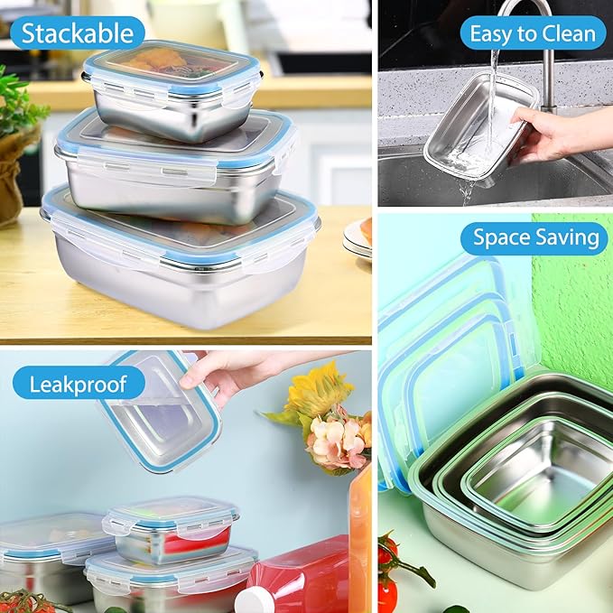 Nuanchu 6 Packs Stainless Steel Food Storage Containers Airtight Metal Food Containers Meal Prep Container Leak Proof Stackable Bento Lunch Box with Lids for Kitchen Travel Picnic and Camping (Blue)