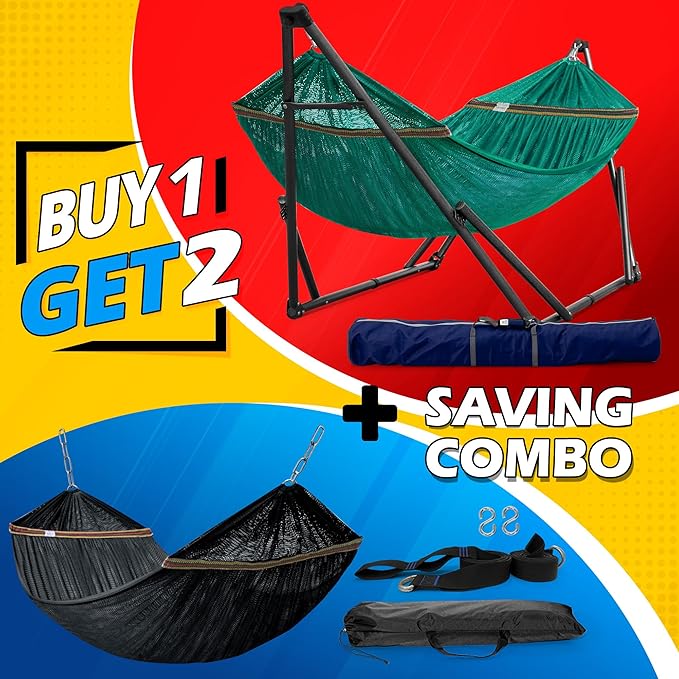 Tranquillo Combo x2 Hammocks with Stand for Outside & Tree Straps, Heavy Duty Hammock with Stand 600lbs for Indoor Outdoor Patio Backyard, x2 Hammocks for 2 Person, Portable Carrying Bags, Peacock