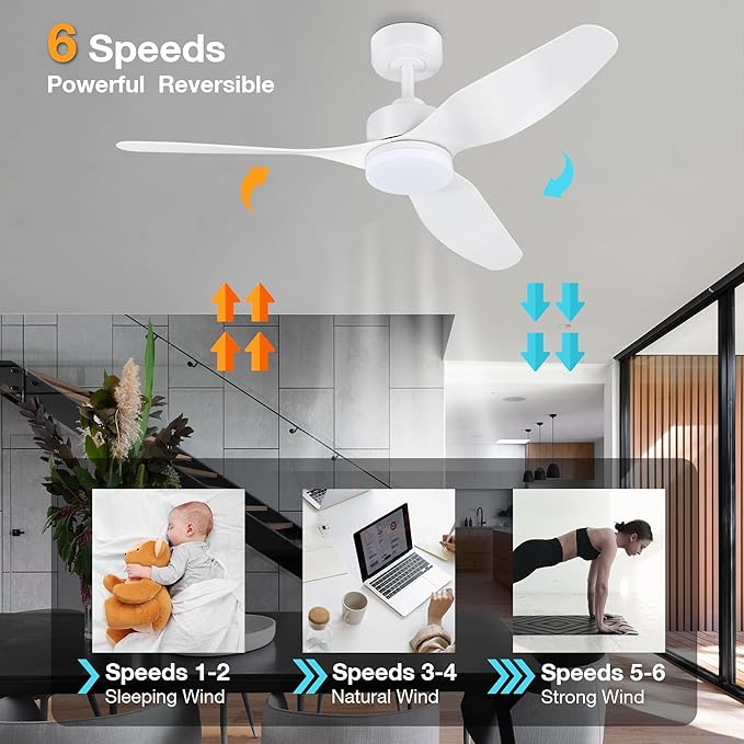 48 Inch Smart Ceiling Fans with Lights Remote Control,Dimmable LED Light,Outdoor Indoor Modern Ceiling Fan,Quiet DC Motor,WIFI Alexa App Workable,Matte White for Bedroom Living Room Patio
