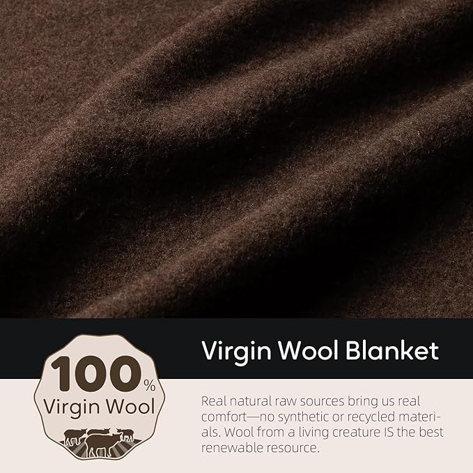 100% Wool Blanket, 48" x 62", Warm, Thick, Washable, Military Wool Blanket, Great for Camping, Outdoors, Sporting Events, Survival Kits, Brown