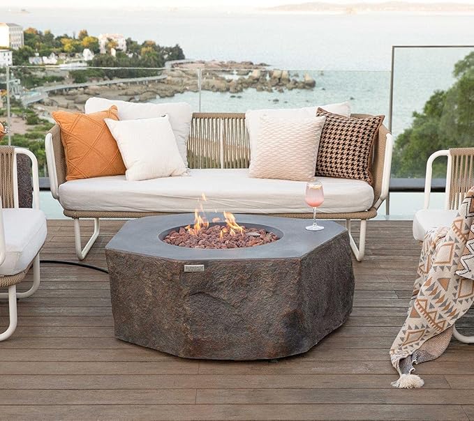 Elementi | Columbia Gas Fire Pit Cast Concrete Semi-Round Fire Table, Outdoor Fire Pit Electronic Ignition | Canvas Cover, Lava Rock Included | Propane Gas