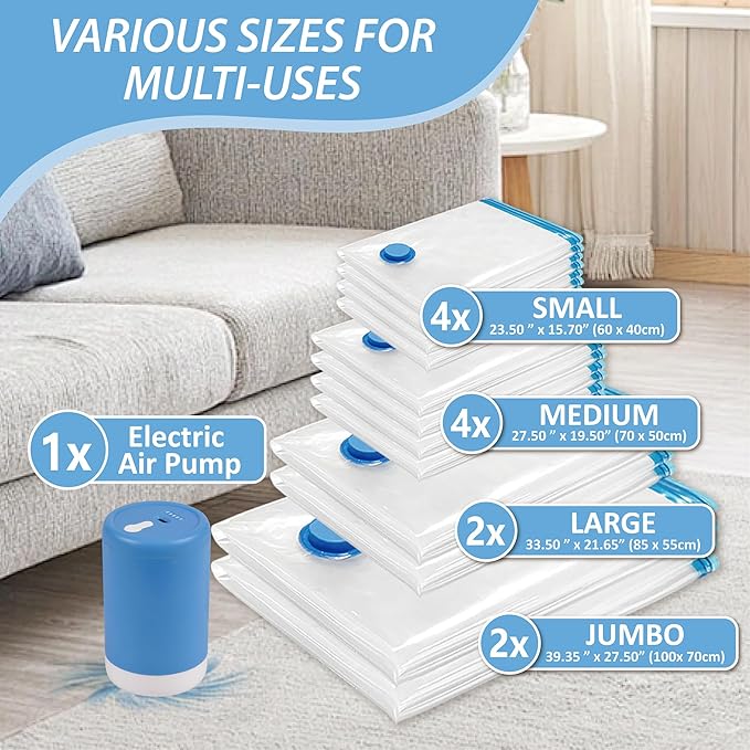 12 Pack Travel Vacuum Storage Bags with Portable Electric Pump, Vacuum Seal Space Saver Bags for Clothing, Vacuum Travel Bags for Luggage