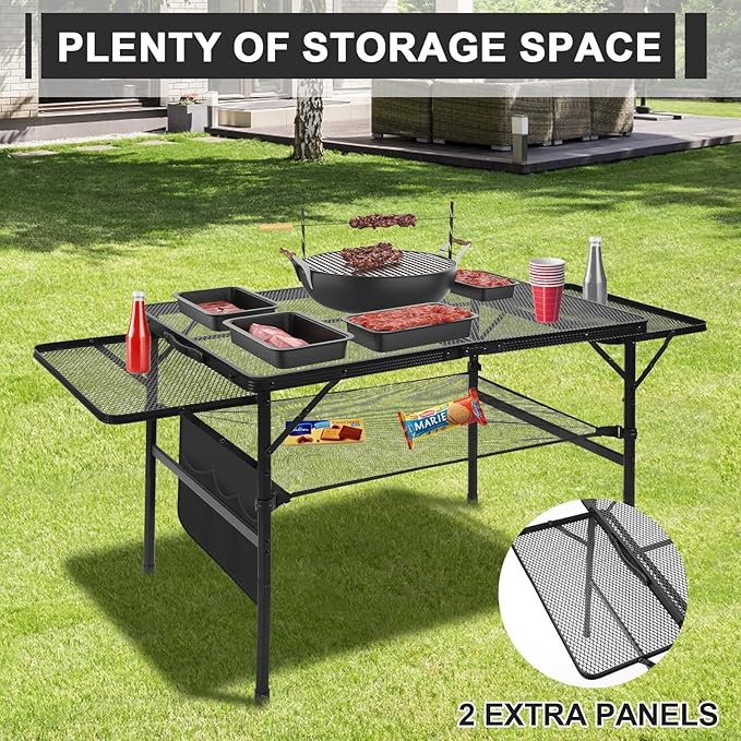 Folding Grill 4.4 FT Portable Camping Table with 2 Wing Panels, Height Adjustable Metal Outdoor Table with Mesh Desktop and Mesh Bag, Picnic, Beach and BBQ, Party, Black
