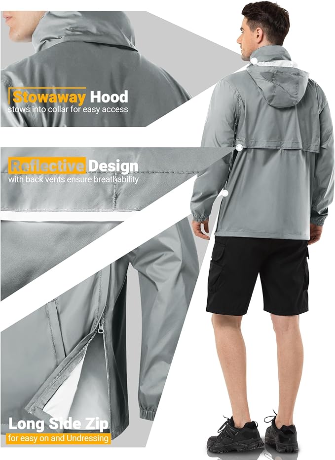 Outdoor Ventures Men's Rain Jacket Waterproof Lightweight Packable Rain Pullover for Hiking Golf Running