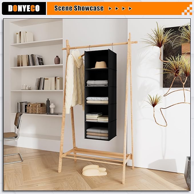 Hanging Closet Organizer and Storage 5-Shelf, Easy Mount Foldable Hanging Closet Wardrobe Shelves, Clothes Handbag Shoes Accessories Storage, Washable Oxford Cloth Fabric, Black