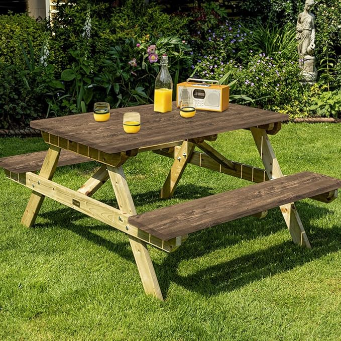 famibay 3 Piece Picnic Table Cover and Bench Covers Waterproof Polyester Camping Table Cover with Elastic Washable Fitted Picnic Table Cover for Rectangle Tables(Wood Grain,12" x72"+30" x72")