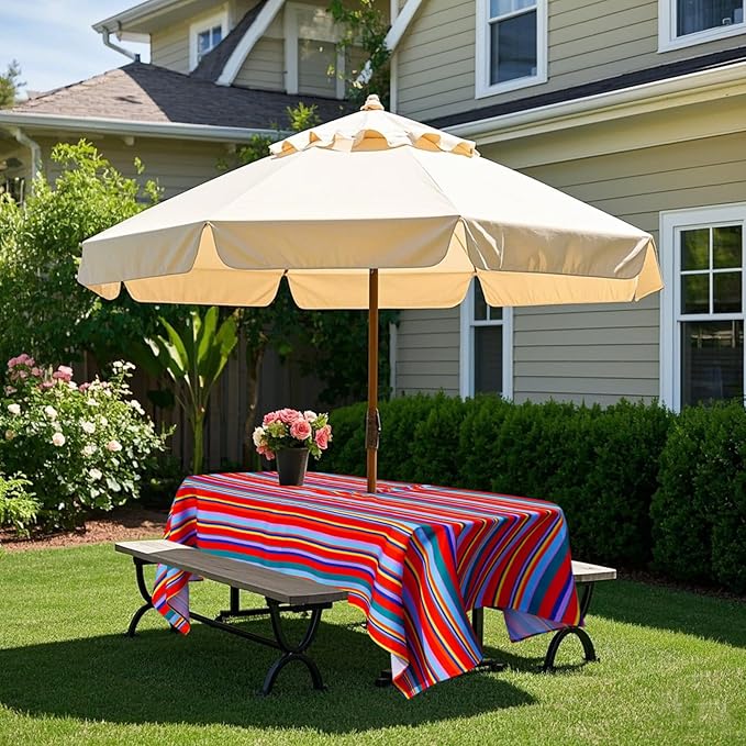 Poise3EHome 60X84 Outdoor/Indoor Waterproof Spillproof Rectangle Tablecloth with Umbrella Hole Zipper for Camping, Picnic, Party, Patio Table, Spring, Color Stripe