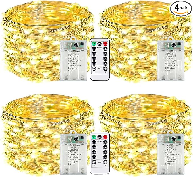 4-Pack Fairy Lights Battery Operated with Remote & Timer & 8 Modes, Waterproof 16 FT 50 LED String Lights Outdoor Indoor, Battery Twinkle Lights for Christmas Bedroom Centerpiece Décor (Warm White)