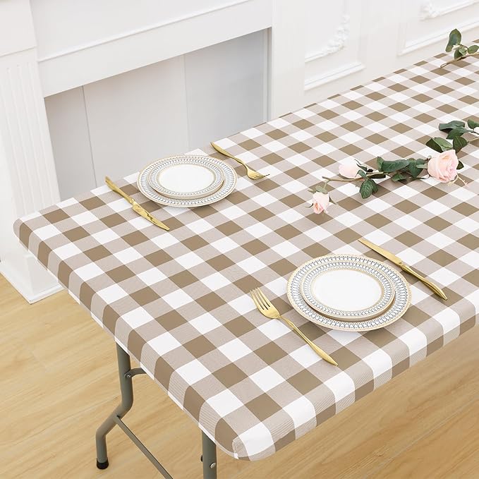 misaya Buffalo Rectangle Picnic Tablecloth, 8 Foot Elastic Fitted Vinyl Table Cloth with Flannel Backing, Waterproof Plaid Table Covers for Dining, Camping, Outdoor (Khaki and White, 30" x 96")
