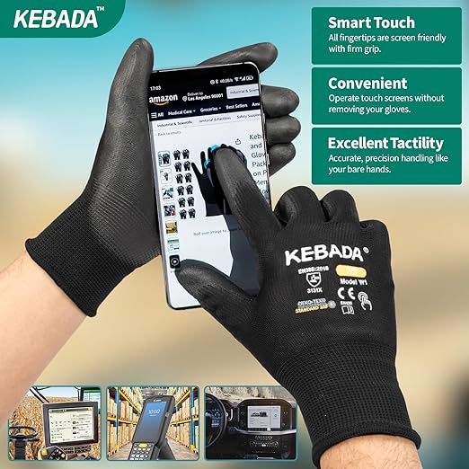 Kebada W1 Safety Work Gloves, PU Coated Touch Screen Work Gloves with Grip, Bulk Pack Working Gloves for Warehouse, Construction, Gardening and Mechanic Use, Black, 50 Pairs, XXL
