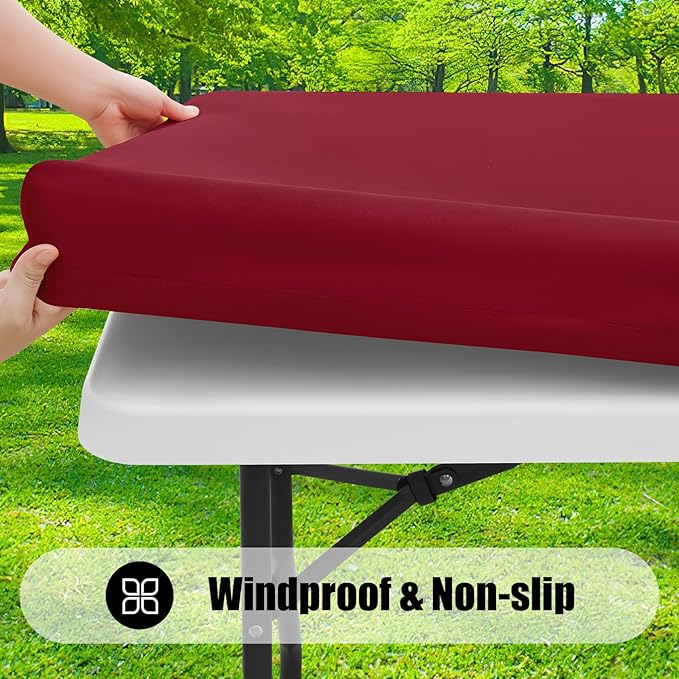 Smiry 2 Pack Rectangle Picnic Table Cloth, Waterproof Elastic Fitted Tablecloths, Washable Polyester Rectangular Patio Table Cover for Camping, Indoor and Outdoor (Wine Red, 30"x48")