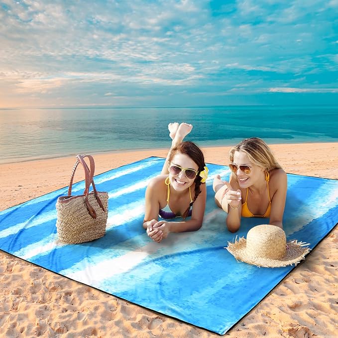 Beach Blanket Waterproof Sandproof Beach Mat 79" X 83"/10'x9'for 2-8 Adults Quick Drying Outdoor Picnic Mat Beach Accessories for Travel, Camping, Hiking