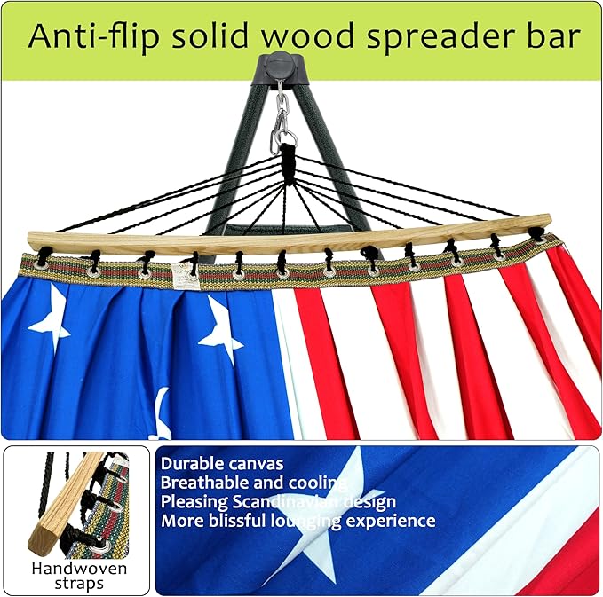 Tranquillo Sturdy Steel Hammock with Stand Premium Cotton Canvas Hammock, 600 lbs Capacity Hammock Stand Folding, Portable 30-Second Fold Unfold, for Camping, American Flag