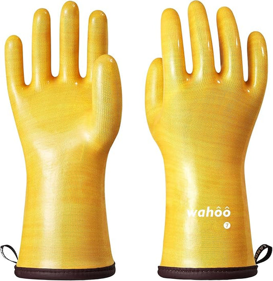wahoo Professional Liquid Silicone Oven Mitts Gloves, Heat Resistant Gloves for Cooking, Baking, CoralAir Liner, 12 Inch, Yellow, XXL