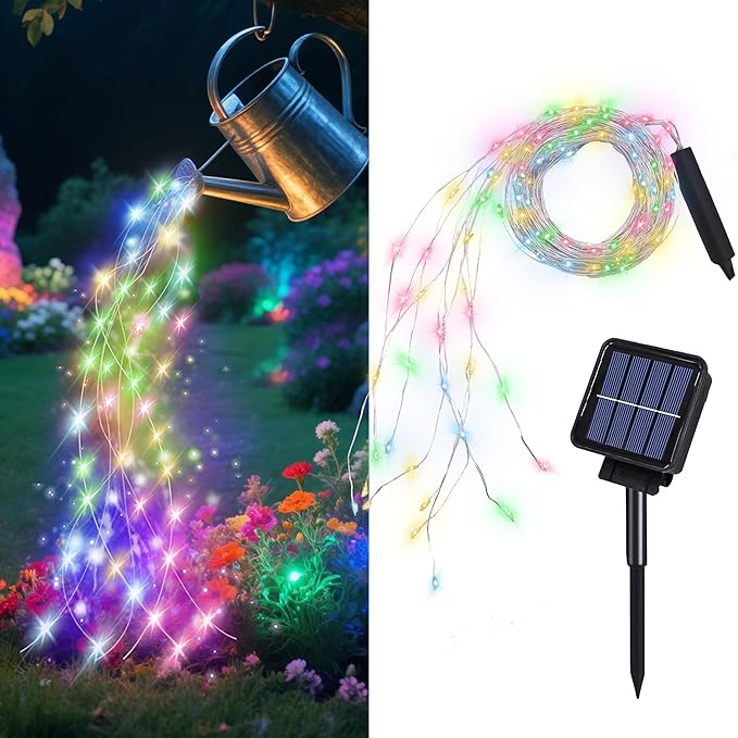 Solar Waterfall Fairy Bunch Lights Outdoor Waterproof 200LEDs 8 Modes Watering Can Light , Muticolor Solar Powered String Lights Firefly Vine Christmas Tree Garden Decorations Gardening Gifts For Mom