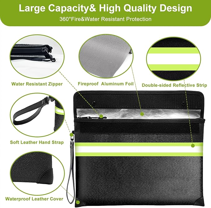 6500°F Fireproof Document Bag,Upgraded Fireproof Money Bag with Waterproof Zipper,10 Layers Heat Insulated Materials/Reflective Strip with Handle for Important Documents