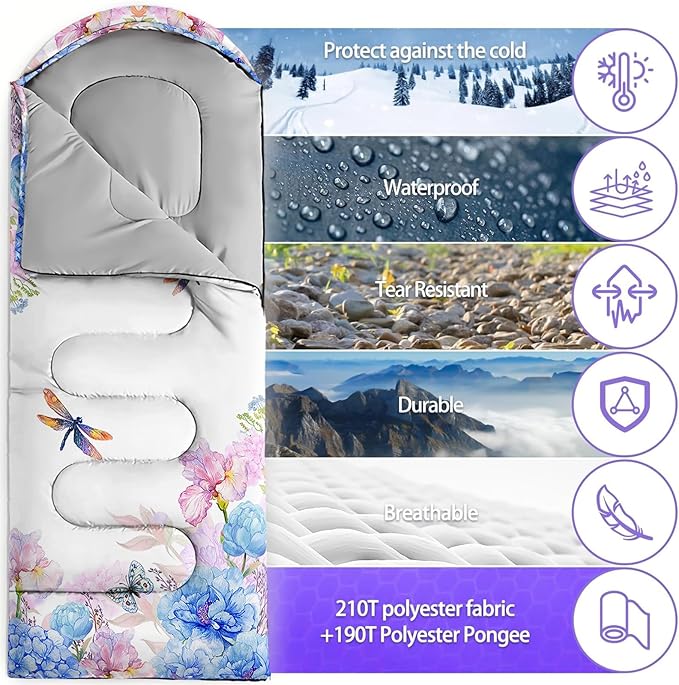 Sleeping Bags for Adults and Kids，3D Printing Camping Sleeping Bag for Girls Boys Lightweight Waterproof Cold/Warm 3-Season，Outdoor Travel with Compression Bags