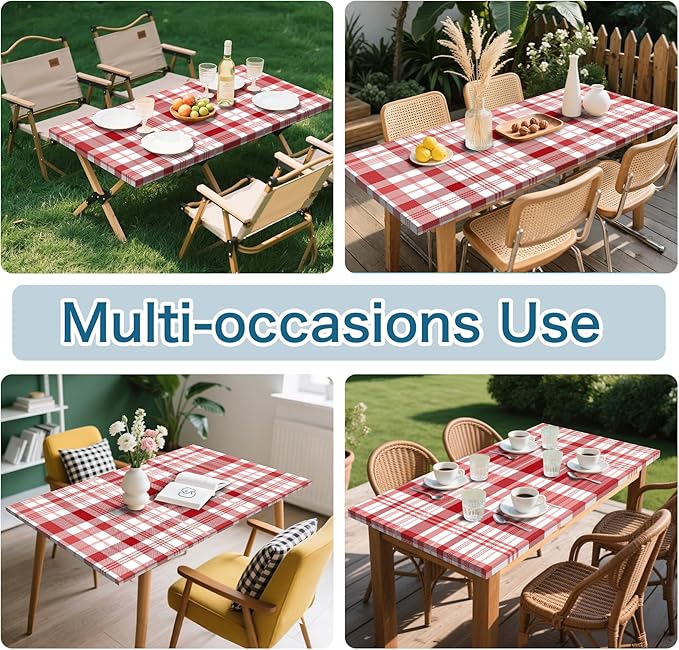 Red Picnic Table Cover with Bench Covers, 3 Pcs Waterproof Elastic Picnic Table Cover Outdoor Camping Essentials, Windproof Fitted Tablecloth for Camping, Indoor, Outdoor (Plaid, 60X30 Inch)