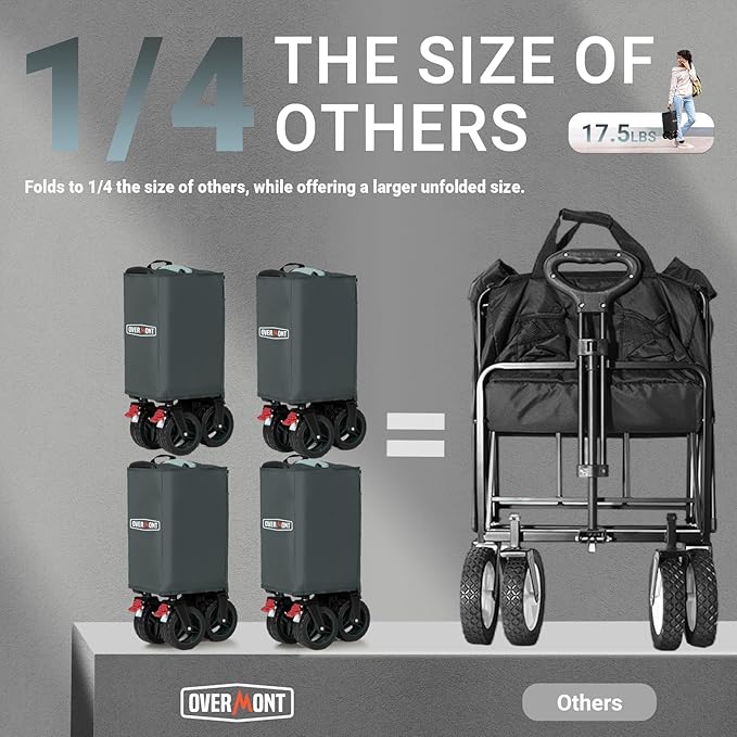 Overmont Ultra-Compact Collapsible Wagon Cart - 200L Portable Folding Wagon with All-Terrain Wheels Utility for Beach, Grocery Shopping, Camping, and Gardening – 330lbs Load Capacity Grey