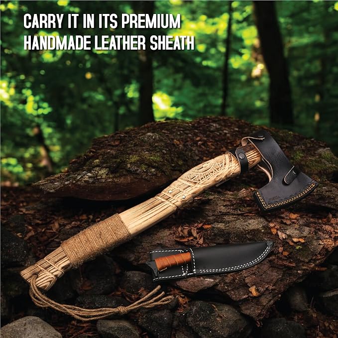 Viking Axe with Gift Viking Knife Also Leather Sheaths, Carbon Steel, Carved Wooden Handle, Bearded Heaven Hatchet for Camping, Throwing, Survival, Splitting, Felling, Chopping, Hiking (Axe - 02)