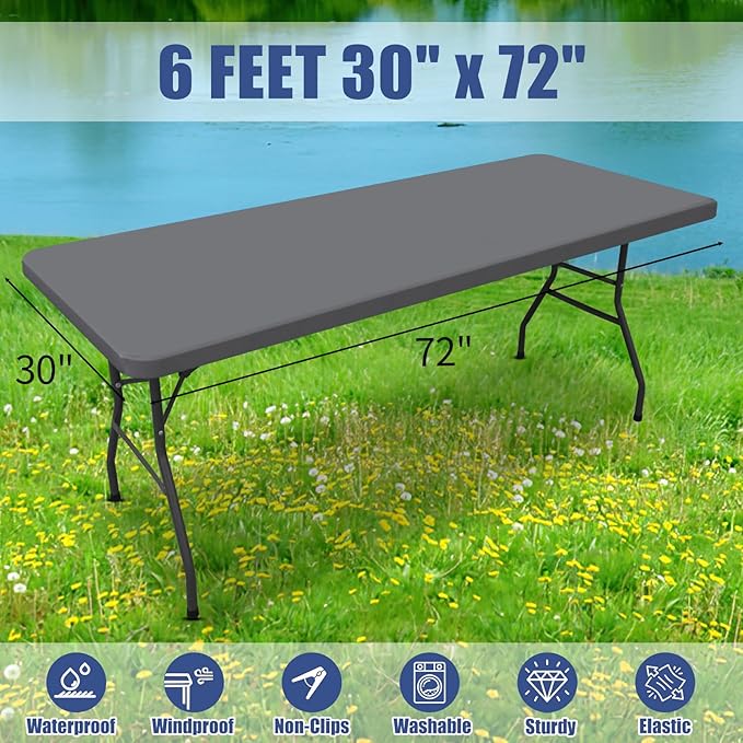 Spandex Picnic Table Cloth 2 Pack, Elastic Fitted Tablecloths for 6 Foot Rectangle Tables, Stretch Washable Patio Table Cover for Outdoor, Camping, Banquet and Parties (Grey, 30"x72")