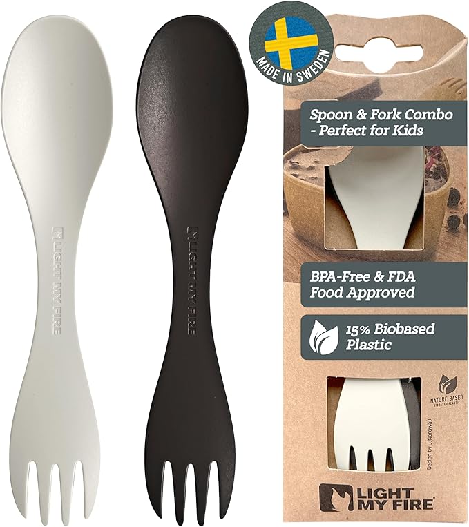 Light My Fire Spork Little Colored Sporks 2pack, 2-in-1 Hard Plastic Travel Spork Reusable Camping Utensils for Lunch Box Outdoor Picnic Utensil BPA Free, Cocoa/Cream