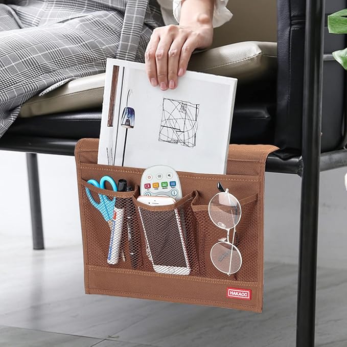 HAKACC Bedside Organizer, Bedside Storage Caddy Organizer with Hanging Pocket, Remote Holder for Bed Accessories, Brown