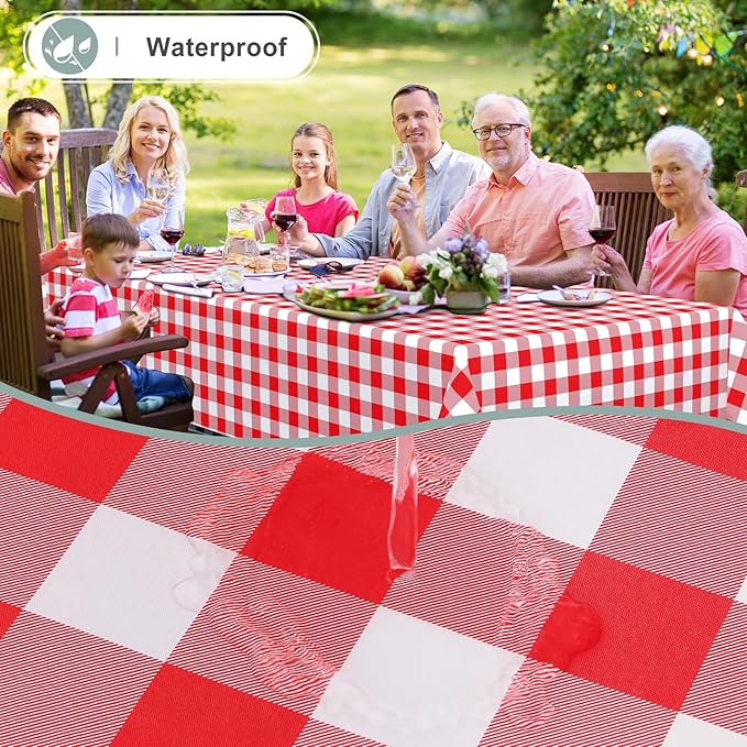 misaya Rectangle Waterproof Vinyl Table Cloth, Buffalo Flannel Backed Tablecloth, Wipeable Plastic Table Cover for Dinner, Kitchen, Outdoor (60" x 84", Red and White)