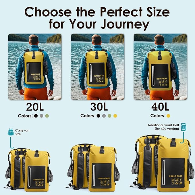 Dry Bag Backpack 20L/30L/40L- Roll Top Closure Bag - Heavy Duty Dry Bags Waterproof - Lightweight Durable Floating Dry Bag with IPX8 Waterproof Phone Case