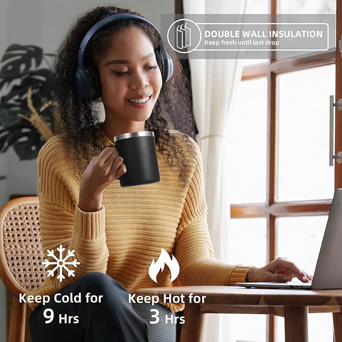 Volhoply 12oz Insulated Leakproof Coffee Mug with Flip & Straw Lid Bulk 4 Pack,Double Wall Vacuum Stainless Steel Travel Tumbler Cup with Handle,Camping Mugs Keep Cold/Hot(Black,4 Set)