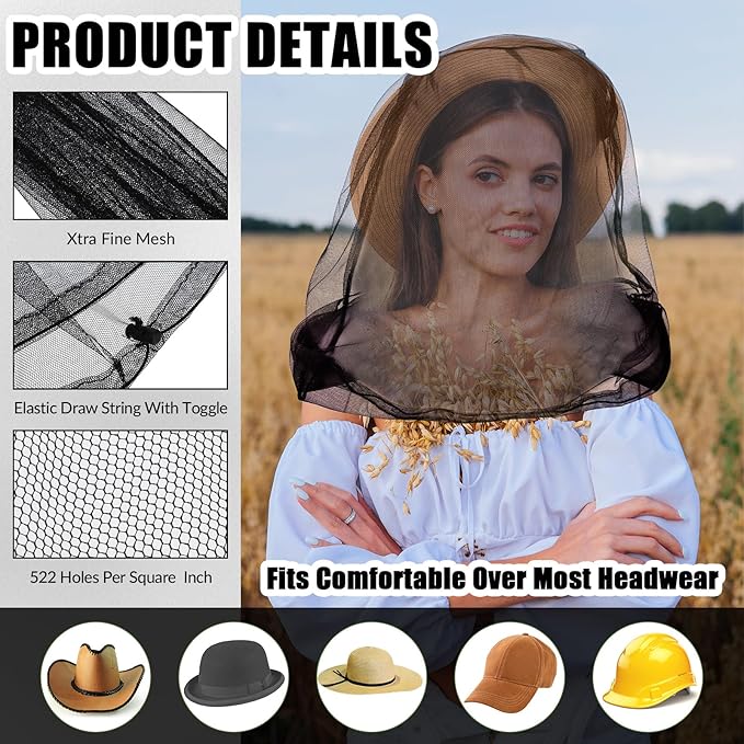 HESTYA 4 Pack Mosquito Head Net Face Mesh Protecting Net for Outdoor Hiking Camping Climbing Mosquito Fly Insects Preventing(Black, Beige)