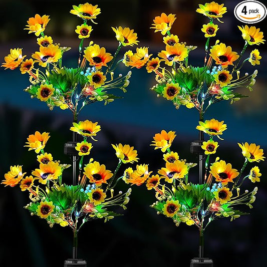 4 Pack Solar Garden Lights Outdoor, Colorful LED Waterproof Solar Powered Sunflowers Landscape Lights for Outside Yard, Patio, Pathway Decorative, Décor, Gifts, Two Lighting Modes