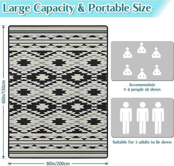 Boho Picnic Blankets Waterproof Foldable, 60″X80″ Thick Three Layer Picnic Mat Tribal Outdoor Blanket for Grass, Beach Blanket Sandproof Picnic Accessories for Camping Party Park Patio