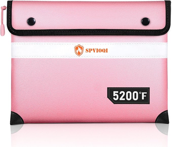 Upgraded Fireproof Document Bag 5200°F - with Heat Insulated, Fireproof Bag with Zipper/Reflective Strip, 9 Layers of Functional Materials, Fireproof Money Bag for Cash/Documents, Water Resistant Pink