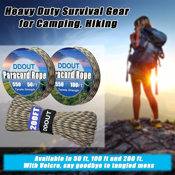 Paracord Nylon Rope Camo 50ft with 7-Strand Core, 10 Colors and 50/100/200 ft, Type III Parachute Cord 4mm for Camping, Survival, Hiking, DIY, Crafting, Outdoor Utility Rope