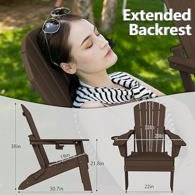 Folding Adirondack Chair, SGS Tested, Wooden Textured with Cup Holder, Heavy All-Weather HDPE Comfortable Set Poolside Backyard Lawn Coffee