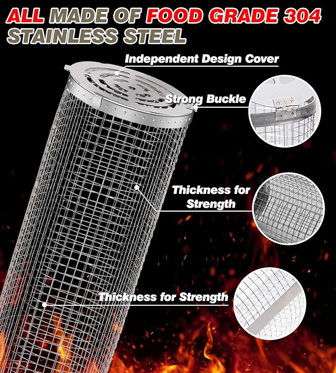 Rolling Grilling Basket Veggies Grill Accessories Bbq Net Tube Tools Set Barbecue Cage Outdoor Flat Top Pellet Electric Camping Cooking Picnic Gear Must Haves Essentials Gadgets Basket for Vegetable