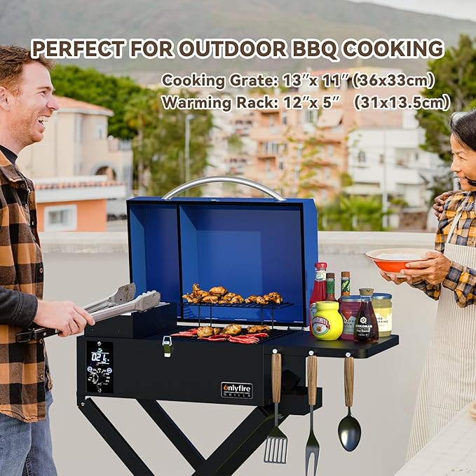 Onlyfire BBQ Wood Pellet Grill Smoker with Foldable Cart, Meat Probe, 2 Tiers Cooking Area, Portable Tabletop Grilling Stove for Outdoor Kitchen Cooking Smoke and Roast, RV Camping, Blue GS342
