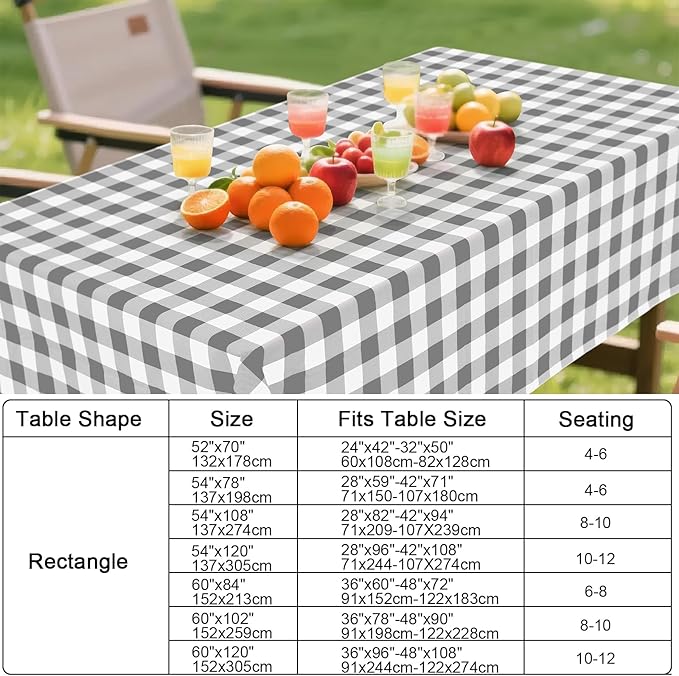 Smiry Rectangle Table Cloth, Waterproof Vinyl Tablecloth with Flannel Backing, Wipeable Buffalo Plaid Table Cover for Dining, Indoor and Outdoor (Grey & White, 60"x102")