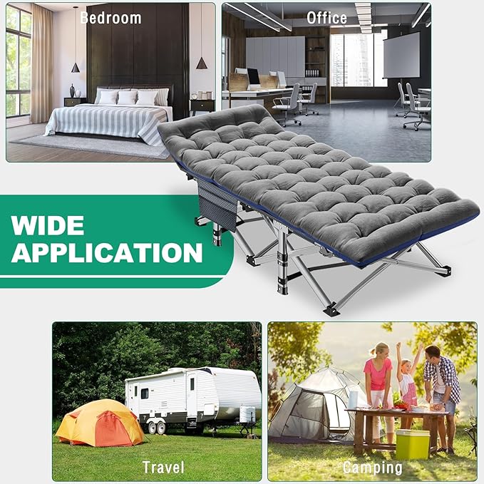 LILYPELLE Folding Camping Cot, Extra Wide Heavy Duty Sleeping Cots with Carry Bag, Double Layer Oxford Portable Travel Camp Cots for Home, Office Nap and Outdoor Beach