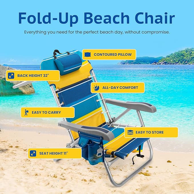 Homevative Backpack Fold-Up Beach Chair, 5 Positions, Towel bar, Cooler, Storage Pouch, Cup Holder and Phone Pocket