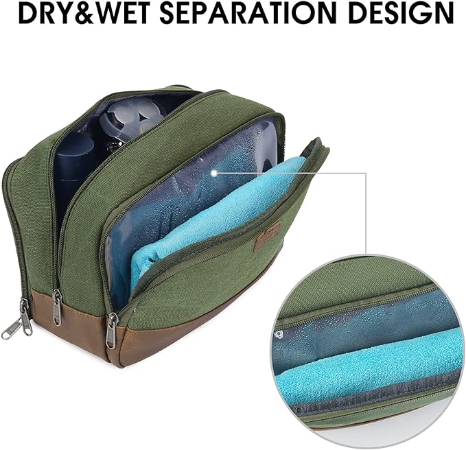 WANDF Travel Toiletry Bag for Men Large Toiletries Shaving Bag Water Resistant Hanging Dopp Kit Travel Accessories Bag for Women Men (Green)