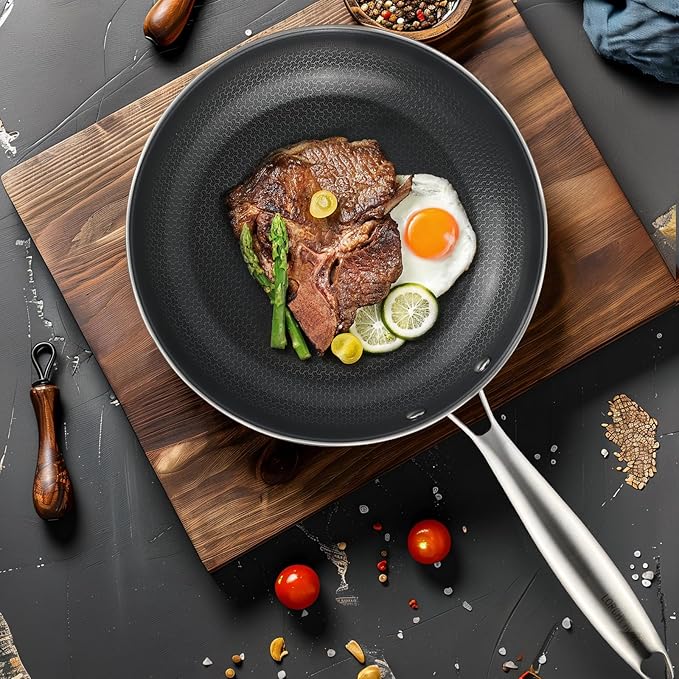 Stainless Steel Nonstick Frying Pan, Hybrid Ceramic 12-Inch Frying Pans, Stay-Cool Handle, PFAS & PFOA PTFE Free, Dishwasher & Oven Safe, Scratch-Resistant, Compatible with Induction & All Cooktops