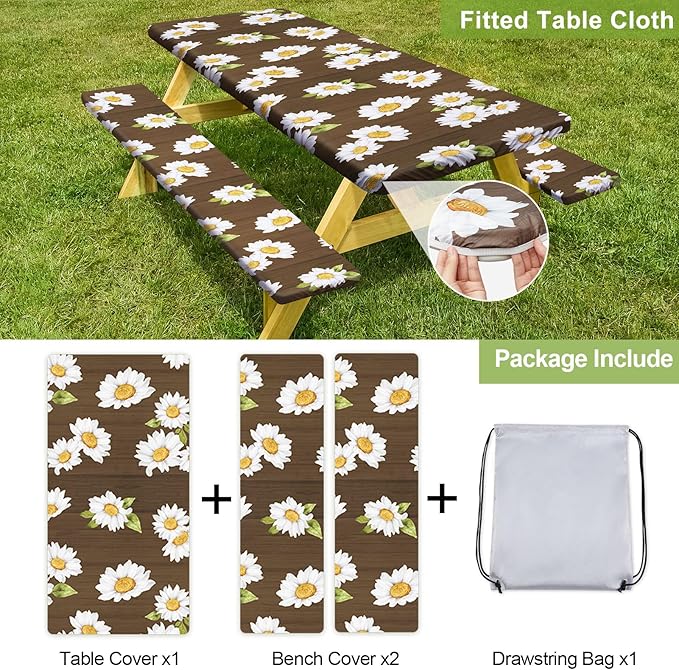 Picnic Table Cover with Bench Covers Camping Essentials Waterproof Windproof Camping Tablecloth with Drawstring Bag, Fitted Rectangle Tables and Seats, 72in, Brown