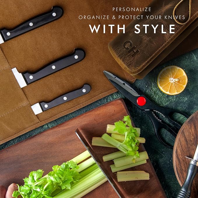 ELIZO Personalized Premium Full Grain Leather Chef Knife Roll, 17L x 14W inches Knife Storage Travel Case, Professional Customizable Chef Knife Case - Holds 4 Chef Knives