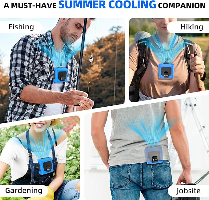Zeadio Portable Waist Clip Fan, 4 Speeds 10000mAh Operated Hands-free Wearable Necklace Fan, with Lighting and Charging Function for Hot Flashes Home Office Travel Outdoor Sports - Blue