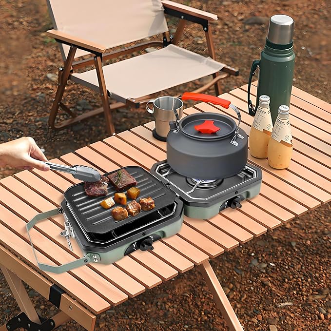 2 Burner Propane Camping Stove with Grill, 16000 BTU Portable Propane Camp Stove with 2 Adjustable Burners & Piezo Ignition, for Camping, Home Backyard, Frying Turkey, Green