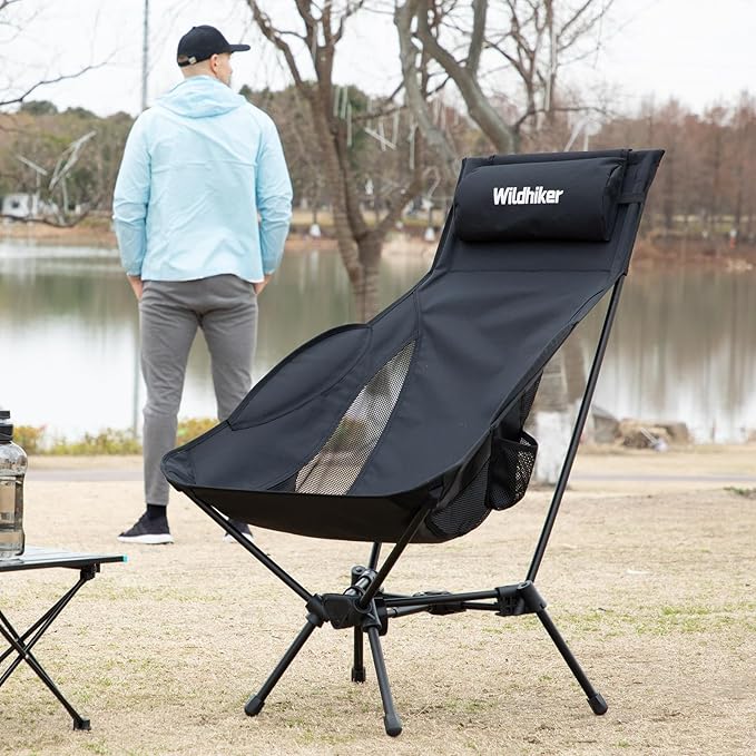 Wildhiker Portable Compact Folding Camping Chairs – Lightweight High Back with Pillow, Deep Recline, ArmPads, Side Pockets-for Motorcycle, RV, Backpacking,Travel，Festival – Black